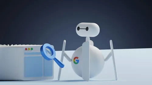 Toy Google Bot holding a microscope to a toy computer