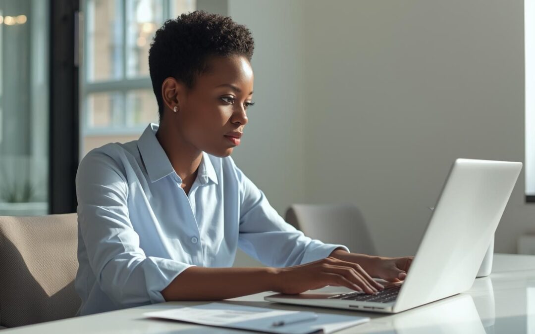 Small business owner using AI SEO tools to boost visibility online.