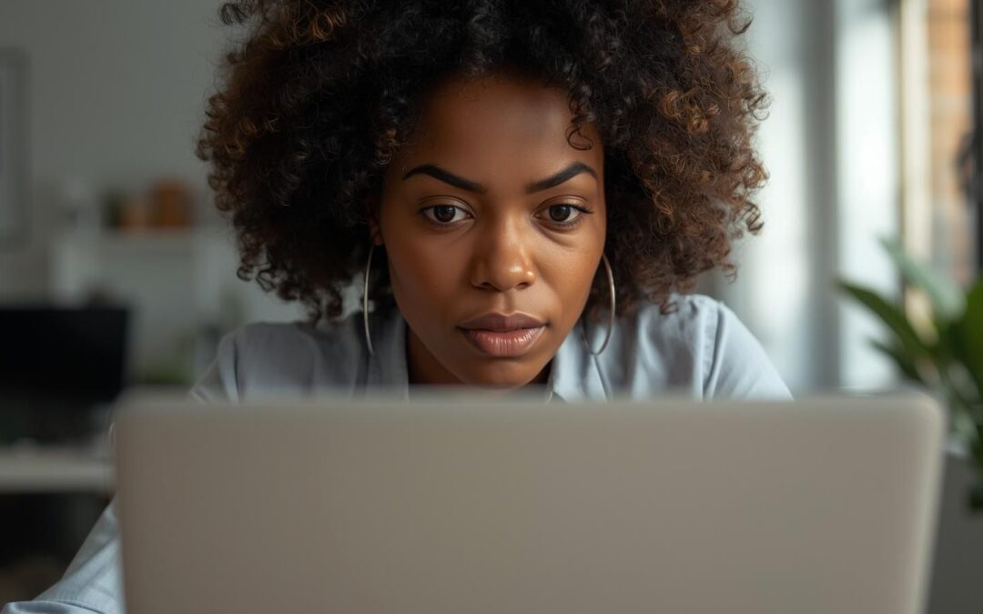 Small business owner reviewing seo mistakes on a laptop